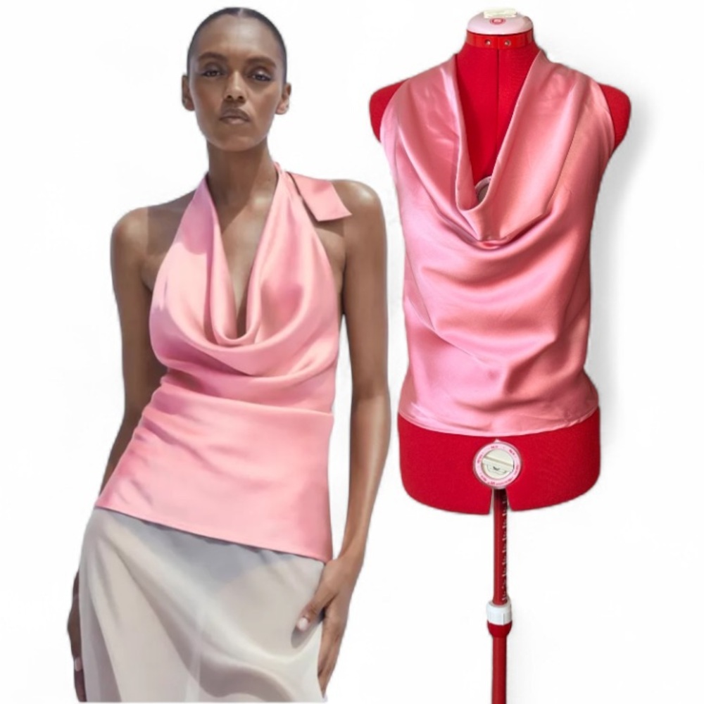 2/$30 Zara Blush Pink Satin Like Back Tie Halter Top Size Small
